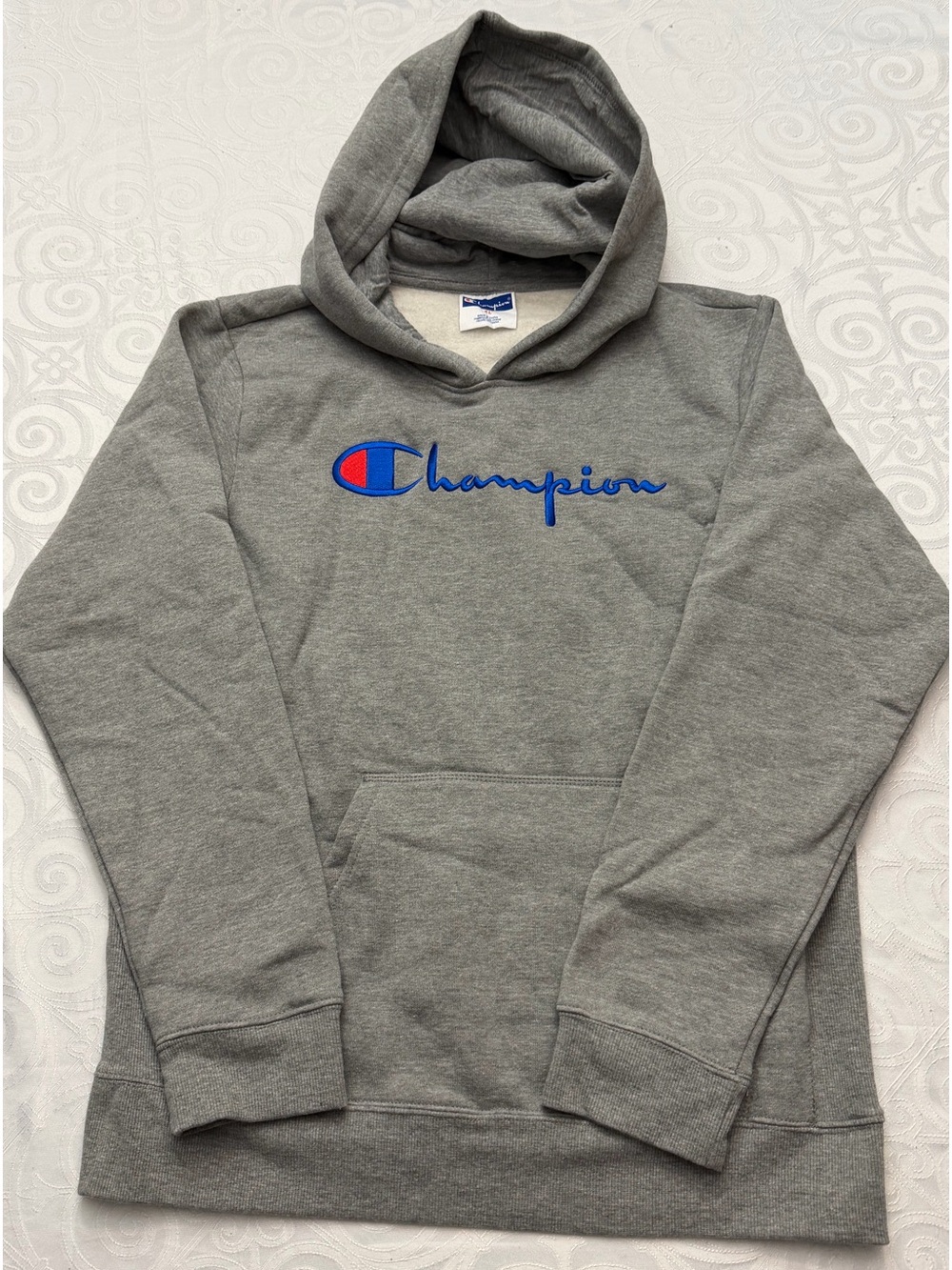 Champion Gray Hoodie Blue Script Red Emblem Youth Unisex XL Sporty